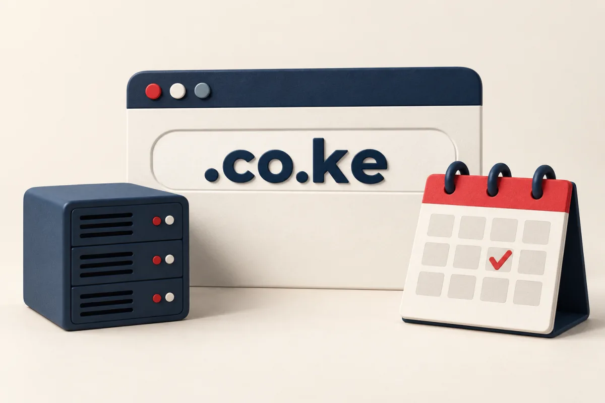Illustration of a .co.ke browser address with a server and renewal calendar.