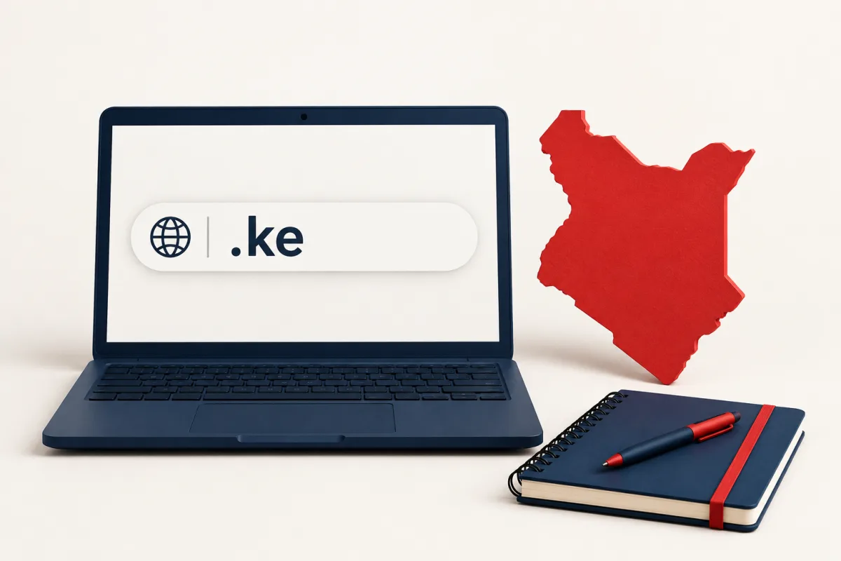 Illustration of a laptop displaying .ke beside a Kenya silhouette and business notebook.