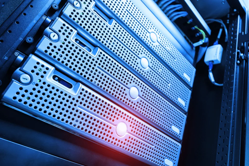Close-up of server equipment illustrating hosting infrastructure.